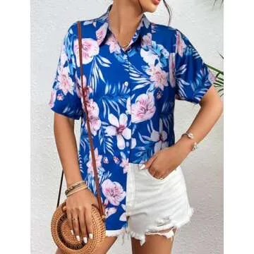 MYHALF Women Hawaiian Shirt Soft Cool Summer Hawaii Shirts Floral Tropic Print V Neck T-Shirt Short Sleeve Button Up Tops