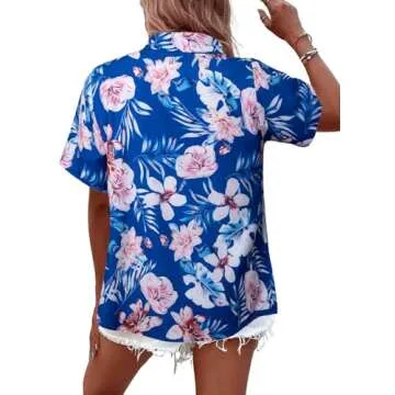 MYHALF Women Hawaiian Shirt Soft Cool Summer Hawaii Shirts Floral Tropic Print V Neck T-Shirt Short Sleeve Button Up Tops