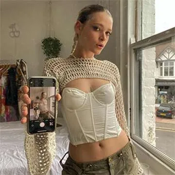 Womens Fishnet Shirt Long Sleeve Crop Top - Y2K Style