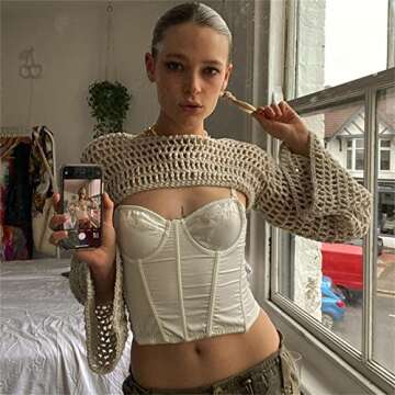 Womens Fishnet Shirt Long Sleeve Crop Top - Y2K Style