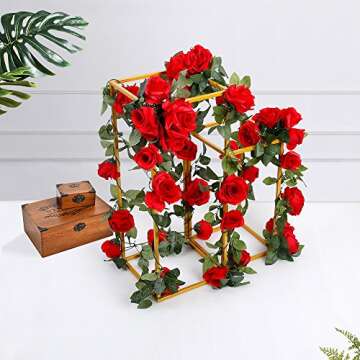 YILIYAJIA Artificial Garlands Decorative Rose Vines: 4PCS (28FT) Silk Roses Hanging Plants Greenery for Wedding Party Home Arrangement Decoration (Red)