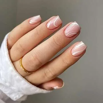 KXAMELIE Short French Press on Nails, Light Pink Square Shape with White Swirls