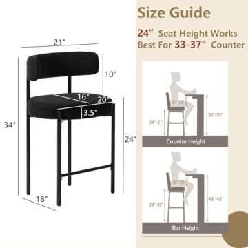 Forsalund Counter Height Bar Stools, 24'' Black Bar Stools Set of 4, Boucle Counter Stools with Back...