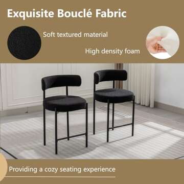 Forsalund Counter Height Bar Stools, 24'' Black Bar Stools Set of 4, Boucle Counter Stools with Back, Mid-Century Modern Bar Stools for Kitchen Island, Dining Room