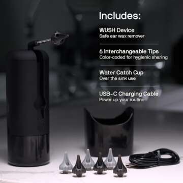 Wush Pro by Black Wolf - The Original Deluxe Water Powered Ear Cleaner with 6 Reusable Replacement Tips by Black Wolf - Safe & Effective for Ear Wax Buildup - Electric Ear Wax Removal Kit (Black)
