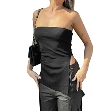 Lauweion Women's Y2K Strapless Knit Tube Top - Trendy Asymmetrical Slits