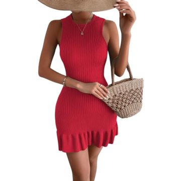 MakeMeChic Women's Sleeveless Sweater Dress with Ruffle Hem and Rib-Knit Design