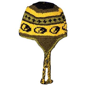 Yoga Gypsy Hippie Boho Bohemia Nepal Hand Knit Hat with Ear Flaps Beanie Ski Heavy Wool Fleeced Lined Cap 2303