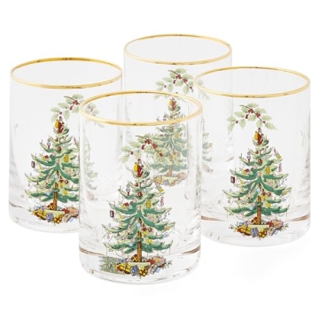 Spode Christmas Tree 14oz Double Old Fashioned Glasses, Set of 4 - Festive Holiday Drinkware with Ru...
