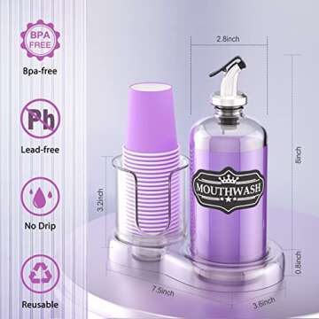 Mouthwash Dispenser Set for Bathroom, 16oz Clear Glass Mouth Wash Bottle with Plastic Cup Holder, Guest Bathroom Essentials Countertop Decor