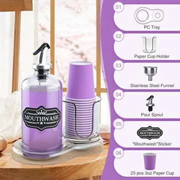 Mouthwash Dispenser Set for Bathroom, 16oz Clear Glass Mouth Wash Bottle with Plastic Cup Holder, Guest Bathroom Essentials Countertop Decor