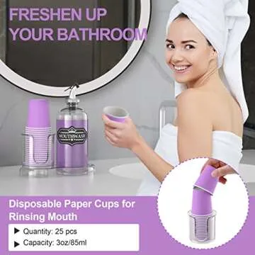 Mouthwash Dispenser Set for Bathroom, 16oz Clear Glass Mouth Wash Bottle with Plastic Cup Holder, Guest Bathroom Essentials Countertop Decor