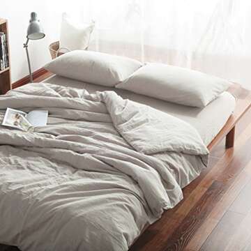 Eikei Washed Cotton Chambray Duvet Cover Solid Color Casual Modern Style Bedding Set Relaxed Soft Feel Natural Wrinkled Look (King, Neutral)