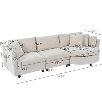 Tmsan 111.4" Curved Sectional Sofa Couch for Living Room, Modern Chenille Cloud Sofa Deep Seat 3 Sea...