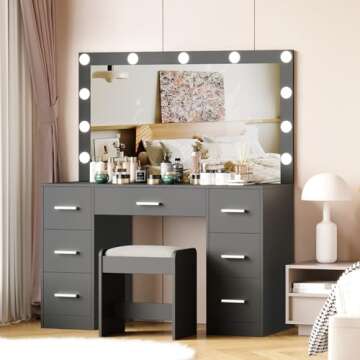 Irontar Vanity Desk with Stool, Makeup Table with Lighted Mirror, 3 Color Lighting Modes, Brightness...