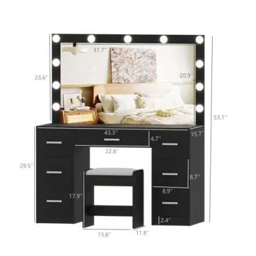Irontar Vanity Desk with Stool, Makeup Table with Lighted Mirror, 3 Color Lighting Modes, Brightness Adjustable, Dressing Table with Drawers, Bedroom Vanity Table Set for Women, Black