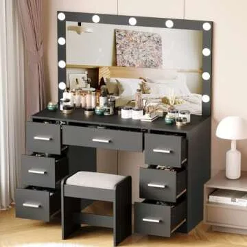 Irontar Vanity Desk with Stool, Makeup Table with Lighted Mirror, 3 Color Lighting Modes, Brightness Adjustable, Dressing Table with Drawers, Bedroom Vanity Table Set for Women, Black