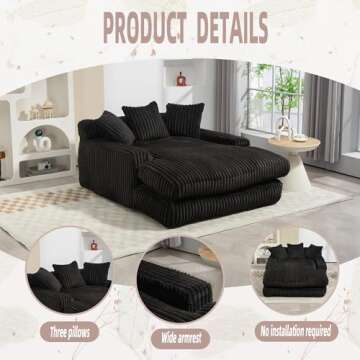Lin-Utrend Oversized Chaise Lounge Chair, Corduroy Loveseat Floor Sofa,Comfy Short Plush Cloud Couch Bed,Modern Sleeper Chair Sofa Recliner for Living Room,Bedroom,Office (Black.)