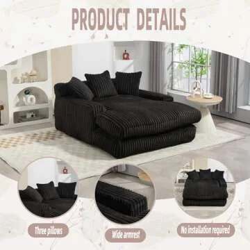 Lin-Utrend Oversized Chaise Lounge Chair, Corduroy Loveseat Floor Sofa,Comfy Short Plush Cloud Couch Bed,Modern Sleeper Chair Sofa Recliner for Living Room,Bedroom,Office (Black.)
