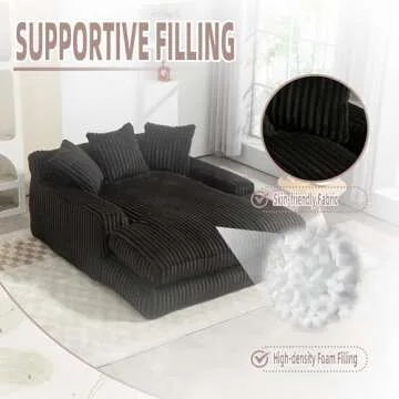 Lin-Utrend Oversized Chaise Lounge Chair, Corduroy Loveseat Floor Sofa,Comfy Short Plush Cloud Couch Bed,Modern Sleeper Chair Sofa Recliner for Living Room,Bedroom,Office (Black.)