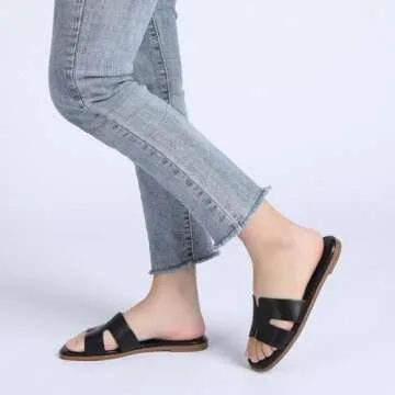 Rihero Black Flat Sandals for Women Dressy Summer Slip On Peep Toe Slide Black Sandals Size 7