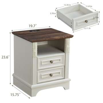 BOSHIRO Farmhouse Nightstand wtih Charging Station, 20" End Table with 2 Drawers, Night Stand Side T...