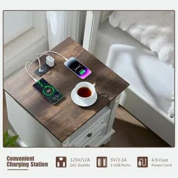 BOSHIRO Farmhouse Nightstand wtih Charging Station, 20" End Table with 2 Drawers, Night Stand Side Table Storage Cabinet with Carved Pilasters for Bedroom, Living Room, Wood Rustic, Antique White