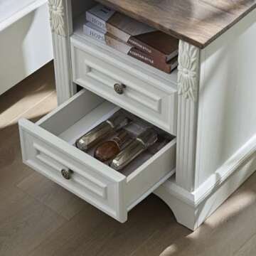 BOSHIRO Farmhouse Nightstand wtih Charging Station, 20" End Table with 2 Drawers, Night Stand Side Table Storage Cabinet with Carved Pilasters for Bedroom, Living Room, Wood Rustic, Antique White