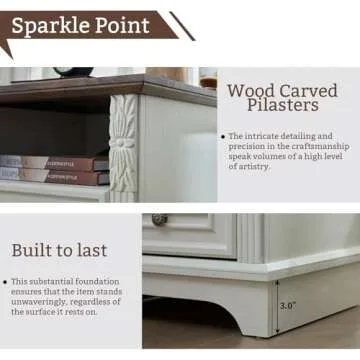 BOSHIRO Farmhouse Nightstand wtih Charging Station, 20" End Table with 2 Drawers, Night Stand Side Table Storage Cabinet with Carved Pilasters for Bedroom, Living Room, Wood Rustic, Antique White