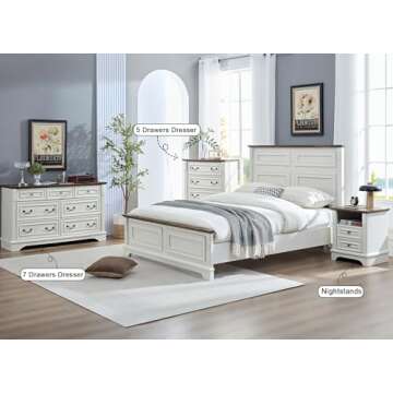 BOSHIRO Farmhouse Nightstand wtih Charging Station, 20" End Table with 2 Drawers, Night Stand Side Table Storage Cabinet with Carved Pilasters for Bedroom, Living Room, Wood Rustic, Antique White