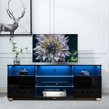 High Glossy LED Black TV Stand for 55/60/65 inch TV,Modern LED Entertainment Center with Adjustable ...