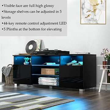 High Glossy LED Black TV Stand for 55/60/65 inch TV,Modern LED Entertainment Center with Adjustable Storage Shelves,Game Console Entertainment Center,TV Table Media Furniture (47inch, Black)