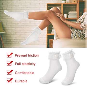 WLLHYF Women Frilly Socks, Ankle Socks Soft White Ruffle Socks Fashion Ladies Princess Lace Socks Cotton Cute Socks for Women