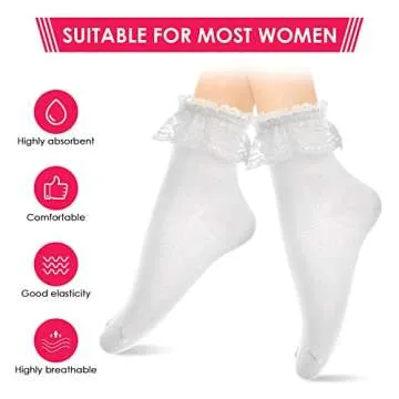 WLLHYF Women Frilly Socks, Ankle Socks Soft White Ruffle Socks Fashion Ladies Princess Lace Socks Cotton Cute Socks for Women