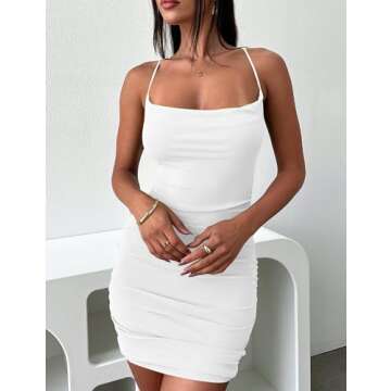 Kaximil Women's Summer Sexy Bodycon Ruched Spaghetti Strap Backless Party Club Mini Dress, Small, White