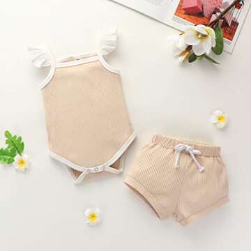 2PCS Newborn Baby Girl Clothes Infant Baby Ribbed Sleeveless Romper Shorts Outfits Sets Beige