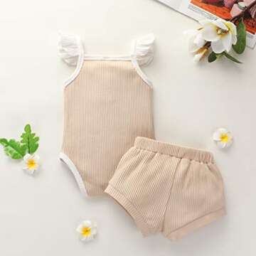 2PCS Newborn Baby Girl Clothes Infant Baby Ribbed Sleeveless Romper Shorts Outfits Sets Beige