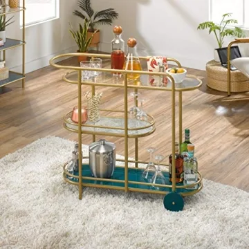Stylish Sauder Coral Cape Bar Cart with Glass Shelves