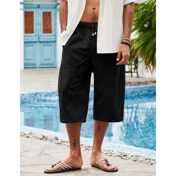 COOFANDY Black Linen Pants Men Elastic Waist Linen Capri Pants Casual Loose Yoga Summer Beach Pants,...