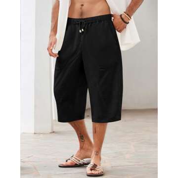 COOFANDY Black Linen Pants Men Elastic Waist Linen Capri Pants Casual Loose Yoga Summer Beach Pants, Black, XL