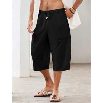 COOFANDY Black Linen Pants Men Elastic Waist Linen Capri Pants Casual Loose Yoga Summer Beach Pants, Black, XL