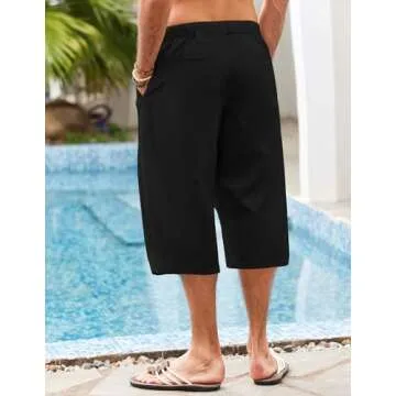 COOFANDY Black Linen Pants Men Elastic Waist Linen Capri Pants Casual Loose Yoga Summer Beach Pants, Black, XL