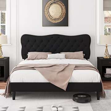 HOSTACK Full Size Bed Frame, Linen Fabric Upholstered Platform with Adjustable Headboard, Diamond Tufted Mattress Foundation with Wood Slats, Easy Assembly, No Box Spring Needed, Black