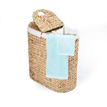 Seville Classics Water-Hyacinth Lidded Oval Double Laundry Hamper, Hand-Woven