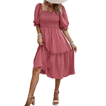 PRETTYGARDEN Women's Summer Casual Midi Dress 2024 Fall Puff Sleeve Square Neck A-line Flowy Boho Fl...