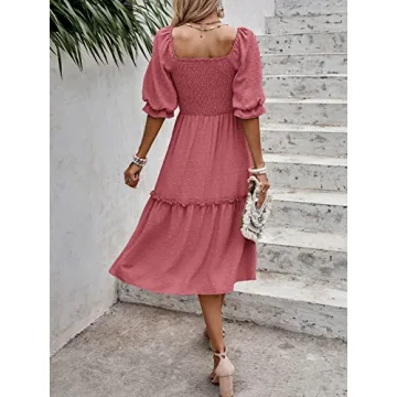 PRETTYGARDEN Summer Midi Dress with Puff Sleeves