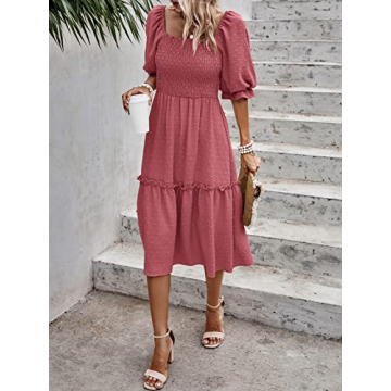 PRETTYGARDEN Summer Midi Dress with Puff Sleeves