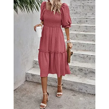 PRETTYGARDEN Summer Midi Dress with Puff Sleeves