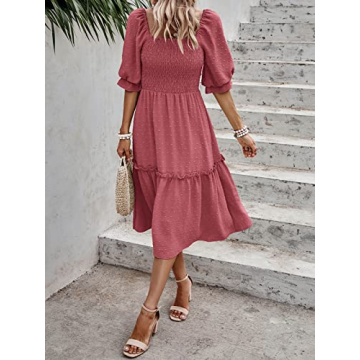 PRETTYGARDEN Summer Midi Dress with Puff Sleeves