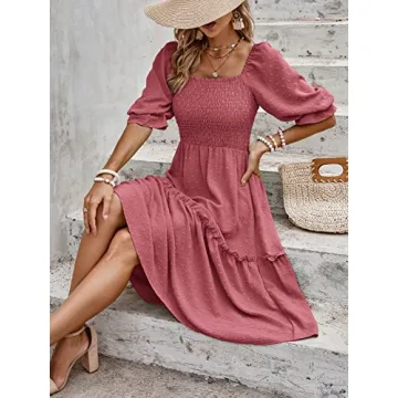 PRETTYGARDEN Summer Midi Dress with Puff Sleeves